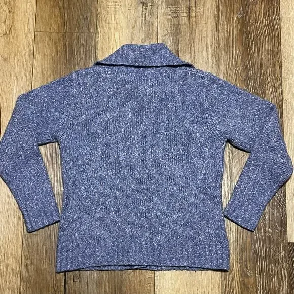 LL Bean Wool Cable Knit Cardigan Sweater Womens M Blue Fisherman Preppy Cottage - Picture 5 of 7